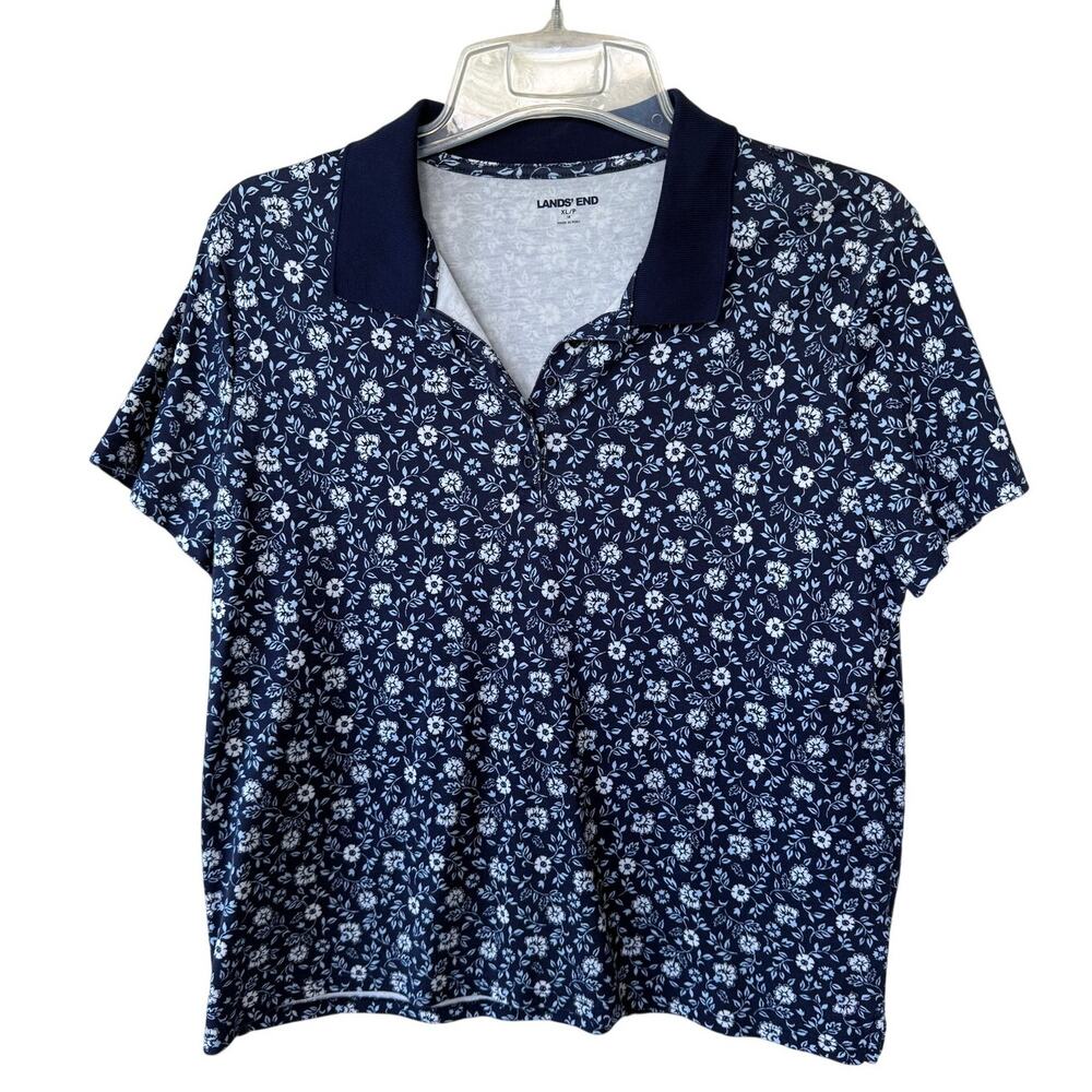 Lands' End blue floral short-sleeve polo shirt with a solid collar Women’s XL